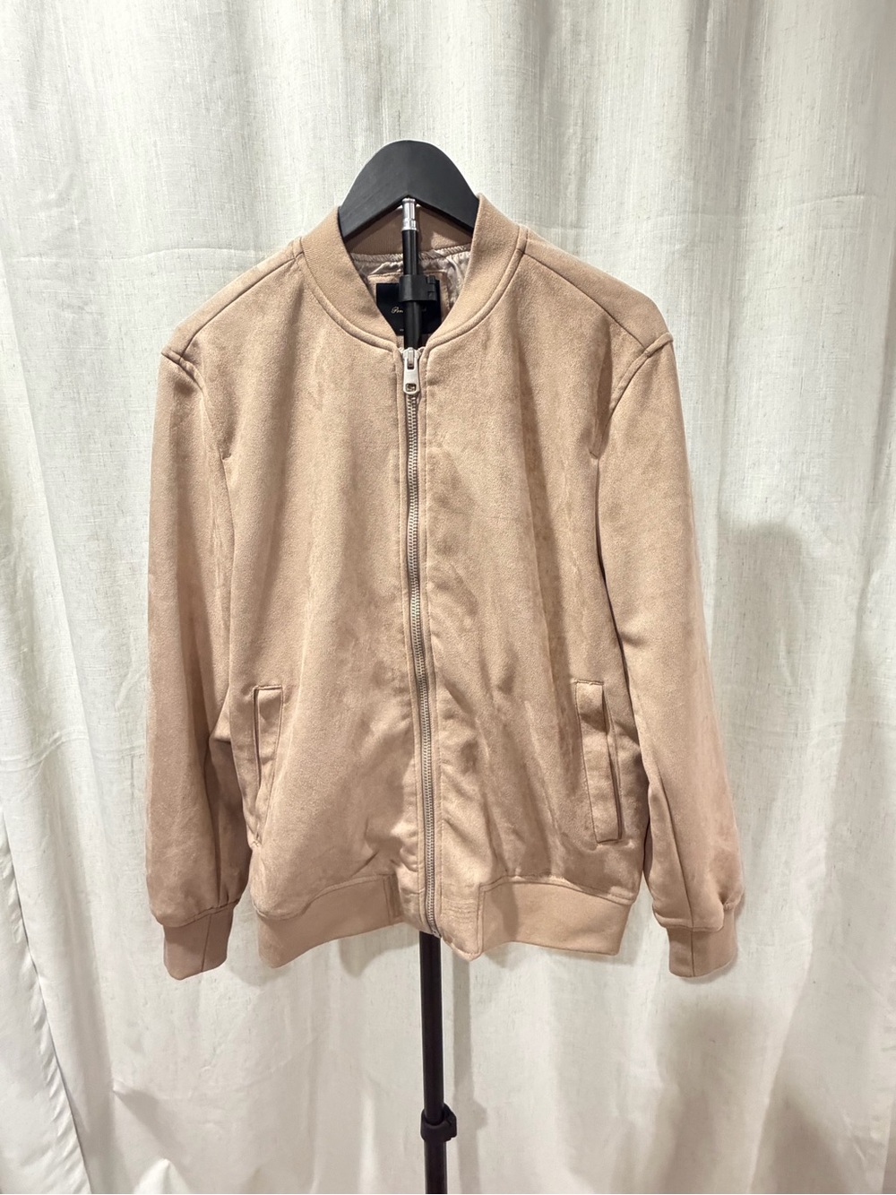 Men's Suede-Look Tan Bomber Jacket - Minimal Zip Front